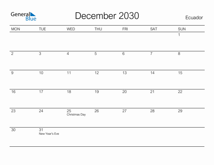 Printable December 2030 Calendar for Ecuador