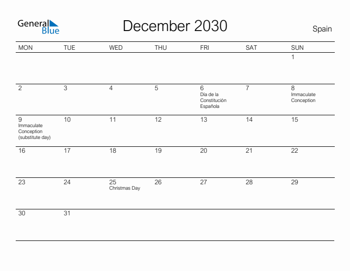 Printable December 2030 Calendar for Spain