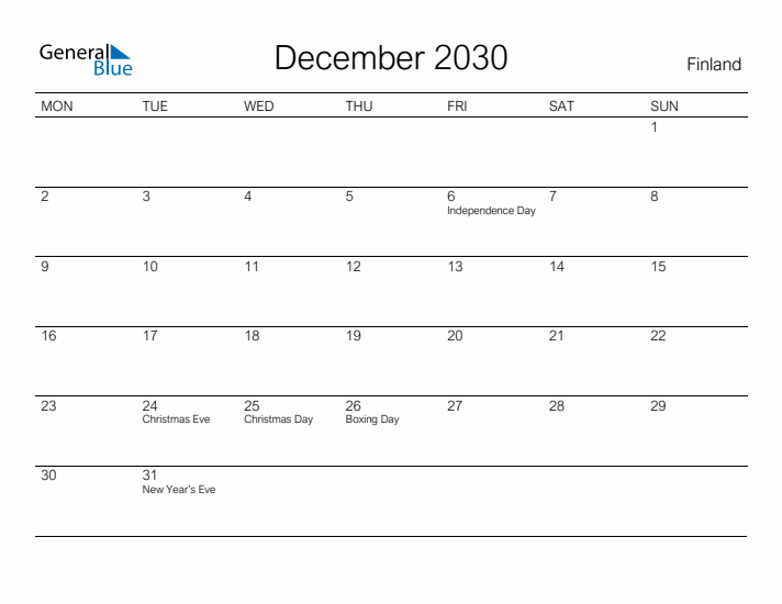 Printable December 2030 Calendar for Finland