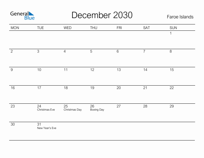 Printable December 2030 Calendar for Faroe Islands