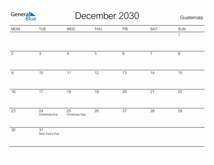 Printable December 2030 Calendar for Guatemala