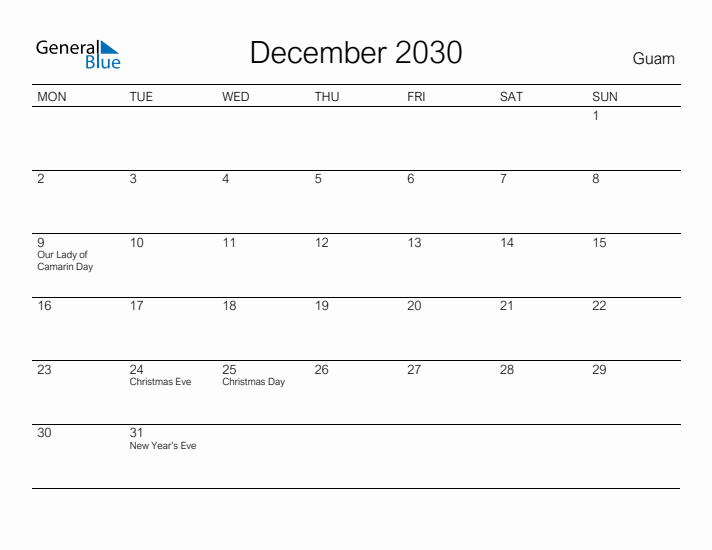 Printable December 2030 Calendar for Guam