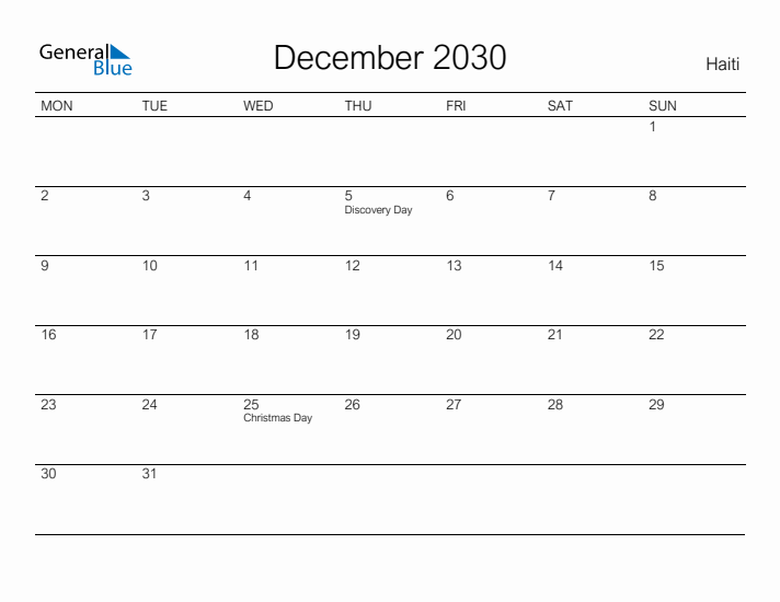 Printable December 2030 Calendar for Haiti