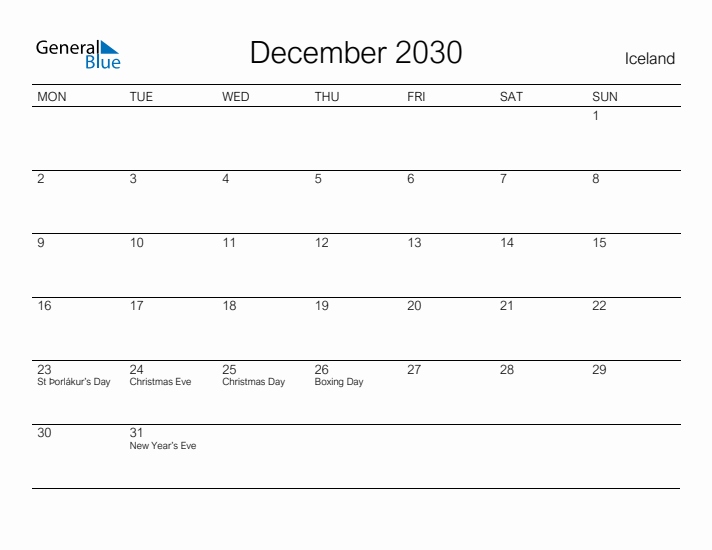 Printable December 2030 Calendar for Iceland