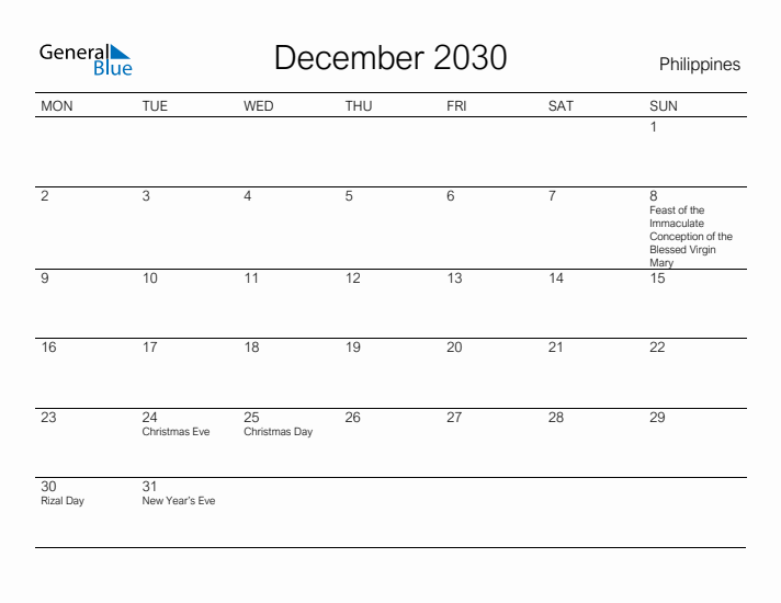 Printable December 2030 Calendar for Philippines