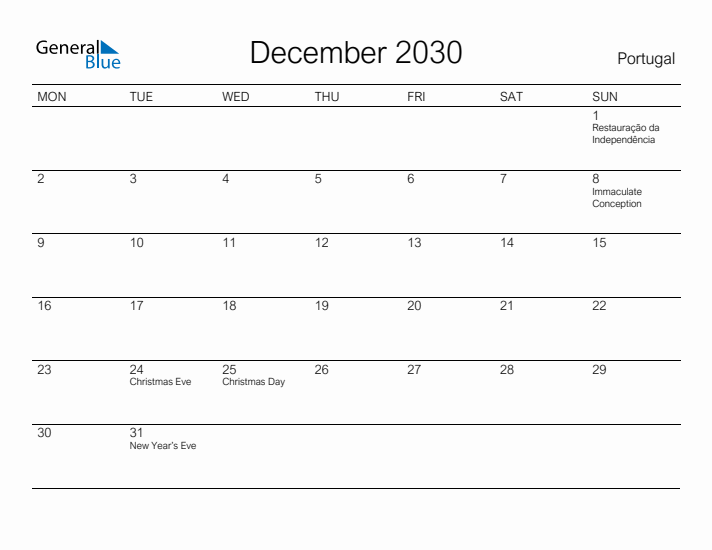 Printable December 2030 Calendar for Portugal