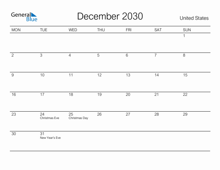 Printable December 2030 Calendar for United States