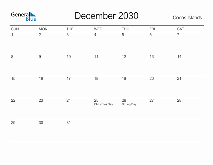 Printable December 2030 Calendar for Cocos Islands