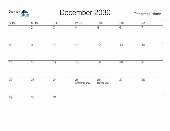 Printable December 2030 Calendar for Christmas Island