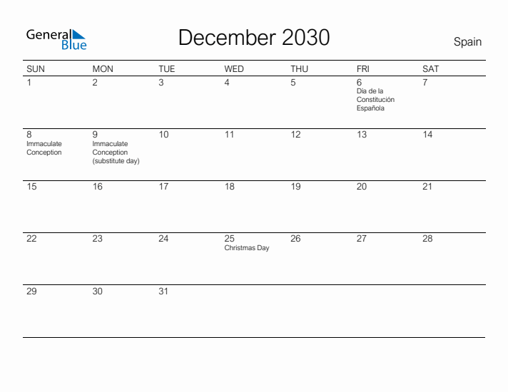 Printable December 2030 Calendar for Spain