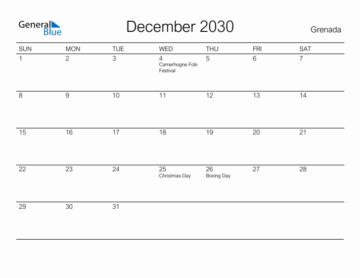 Printable December 2030 Calendar for Grenada