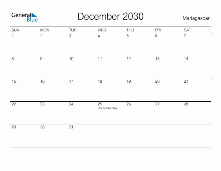 Printable December 2030 Calendar for Madagascar