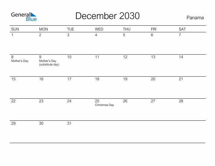 Printable December 2030 Calendar for Panama