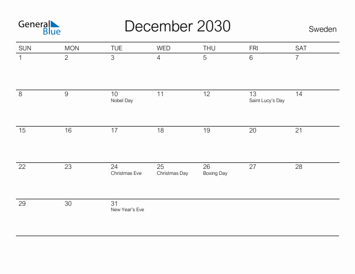 Printable December 2030 Calendar for Sweden