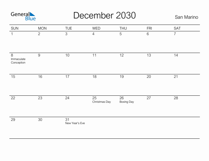 Printable December 2030 Calendar for San Marino