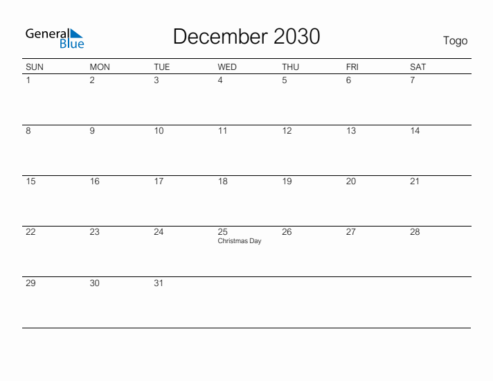 Printable December 2030 Calendar for Togo