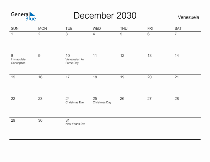 Printable December 2030 Calendar for Venezuela