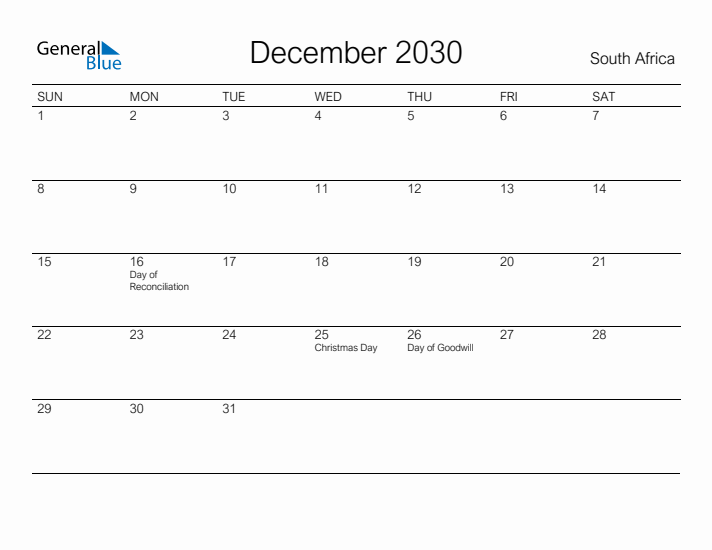 Printable December 2030 Calendar for South Africa