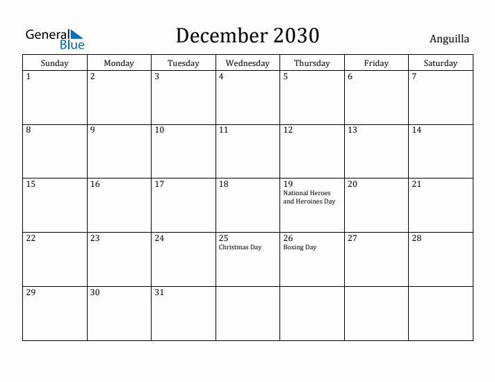 December 2030 Calendar Anguilla