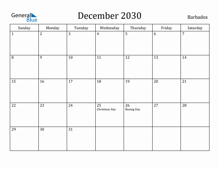 December 2030 Calendar Barbados