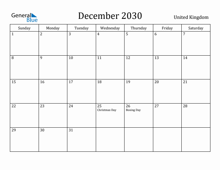 December 2030 Calendar United Kingdom