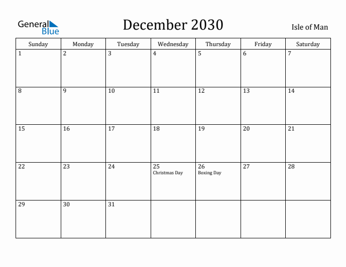 December 2030 Calendar Isle of Man