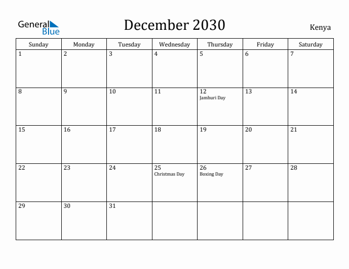 December 2030 Calendar Kenya