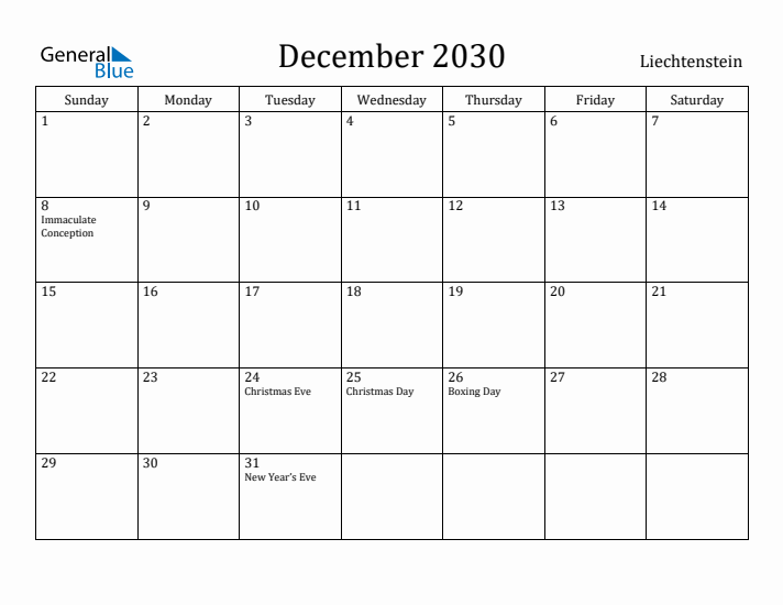 December 2030 Calendar Liechtenstein