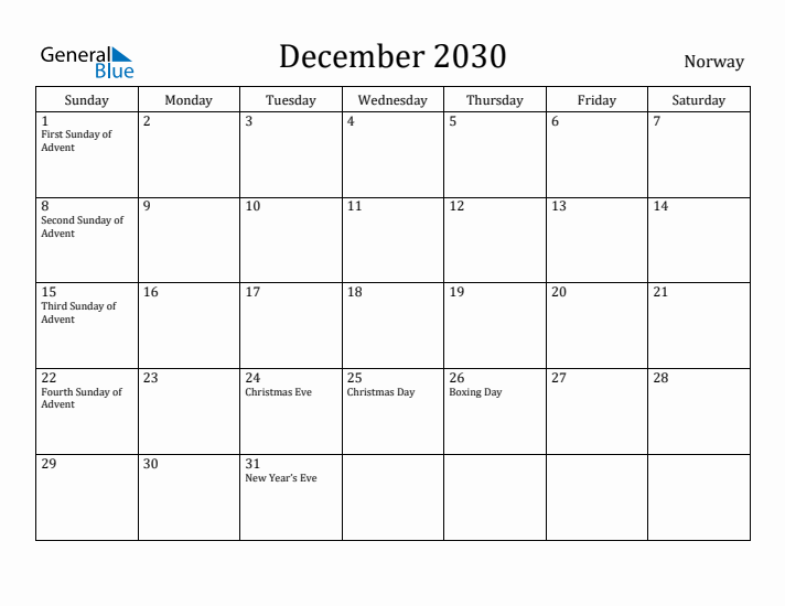 December 2030 Calendar Norway