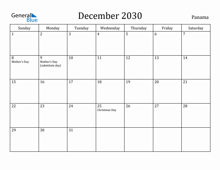 December 2030 Calendar Panama