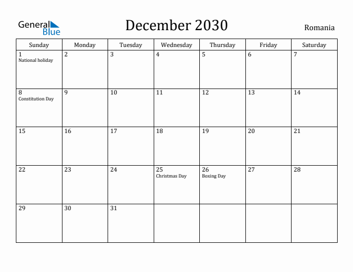 December 2030 Calendar Romania