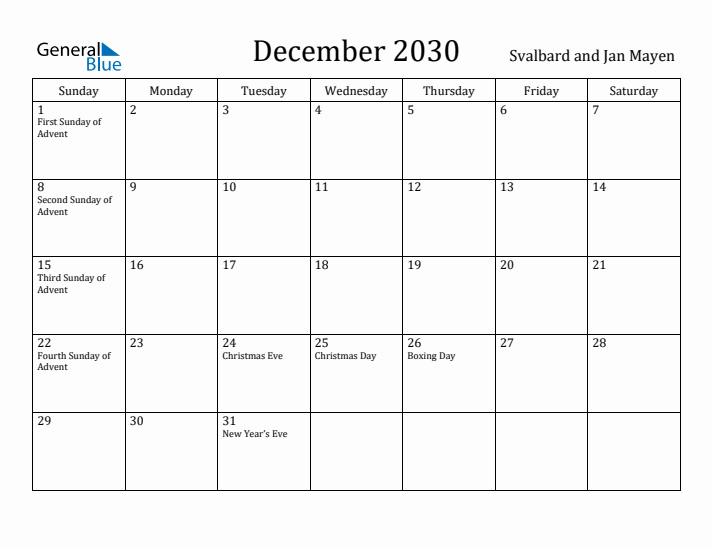 December 2030 Calendar Svalbard and Jan Mayen