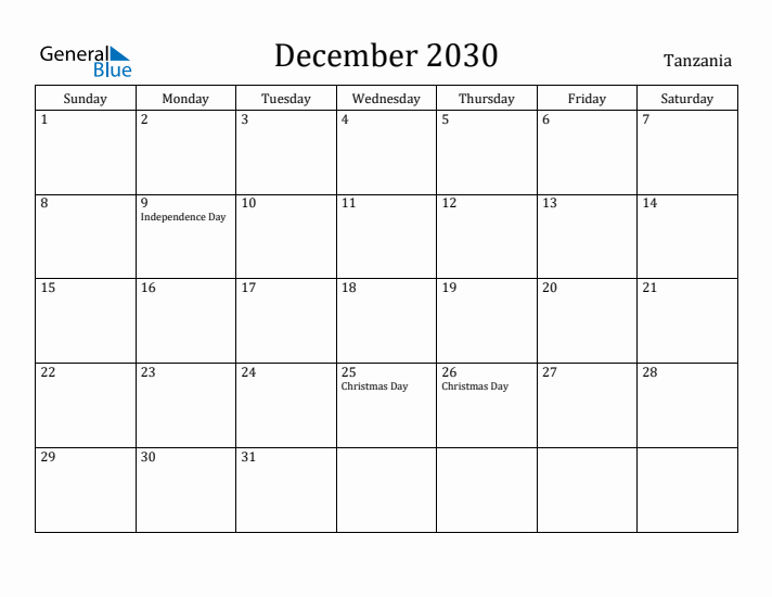 December 2030 Calendar Tanzania