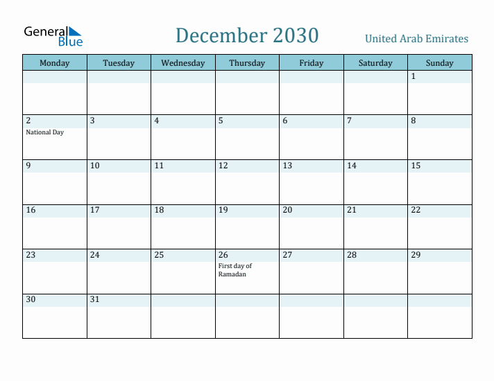 December 2030 Calendar with Holidays