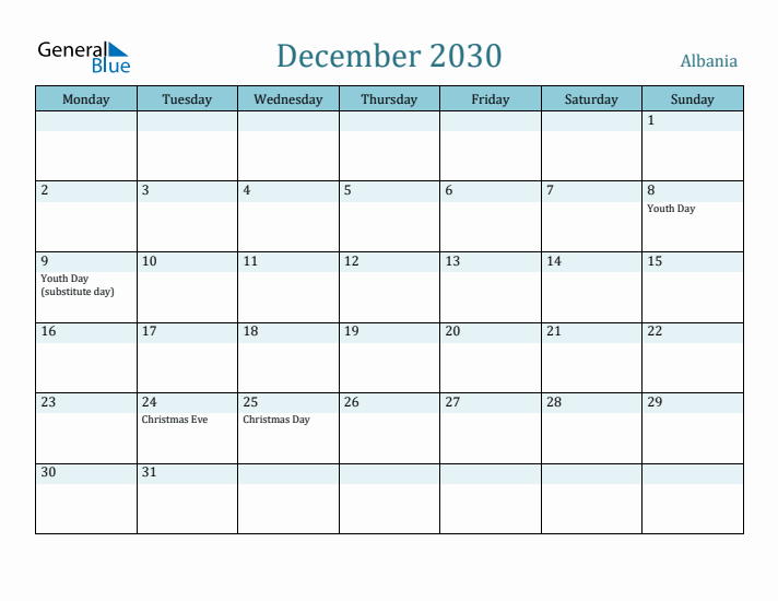 December 2030 Calendar with Holidays