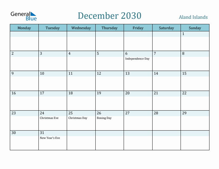 December 2030 Calendar with Holidays