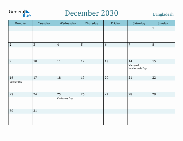 December 2030 Calendar with Holidays