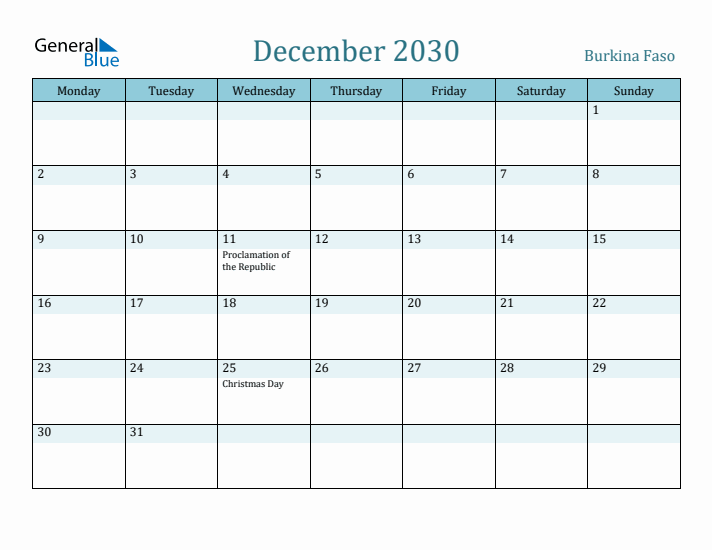 December 2030 Calendar with Holidays