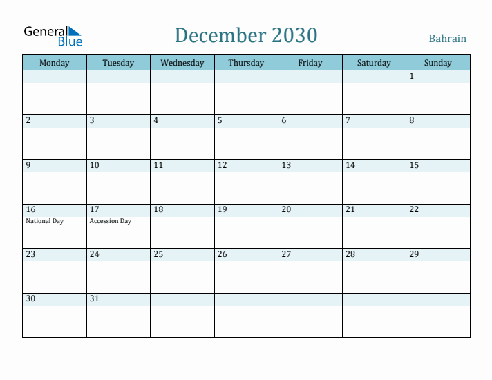 December 2030 Calendar with Holidays