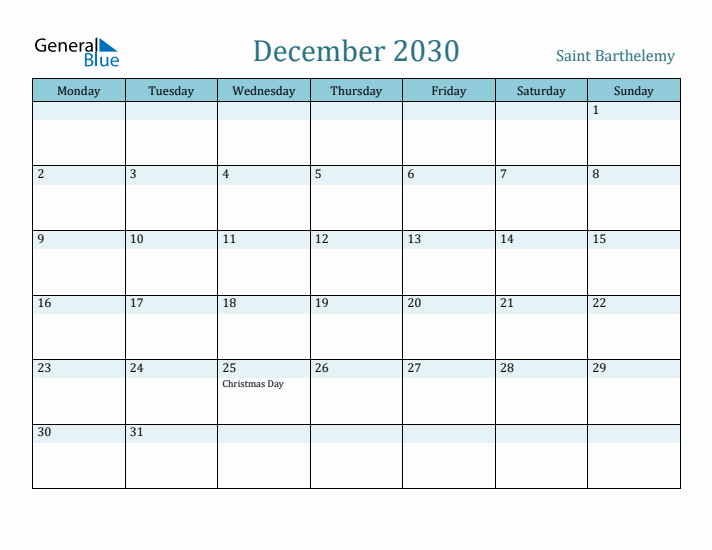 December 2030 Calendar with Holidays