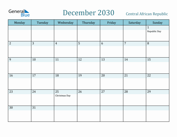 December 2030 Calendar with Holidays