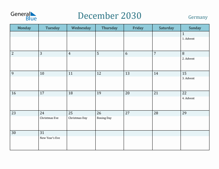 December 2030 Calendar with Holidays