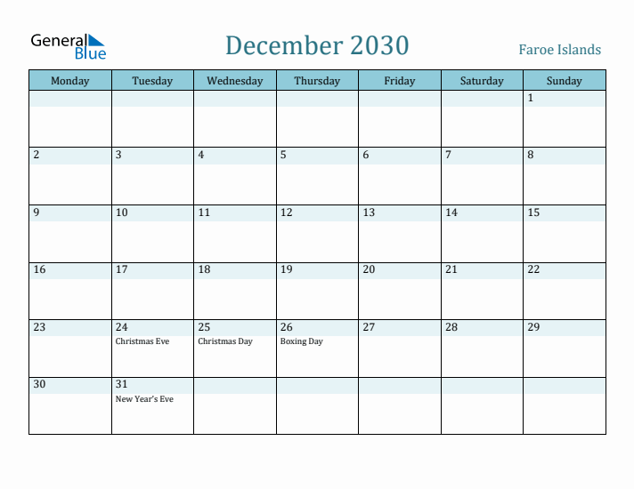 December 2030 Calendar with Holidays