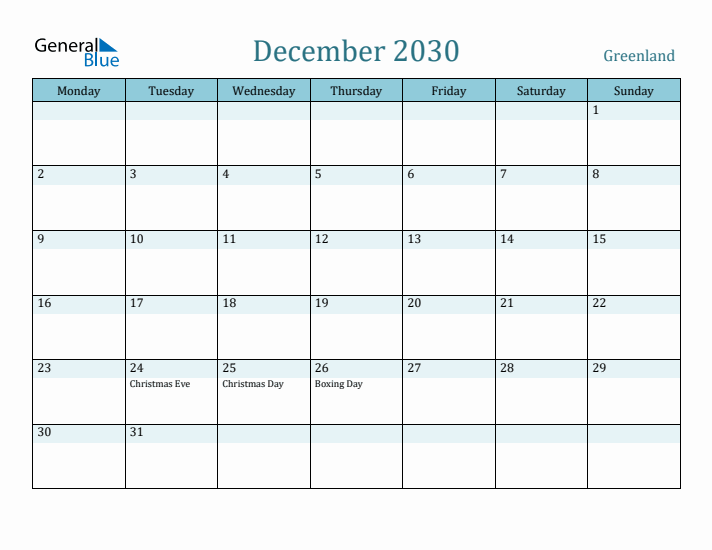 December 2030 Calendar with Holidays