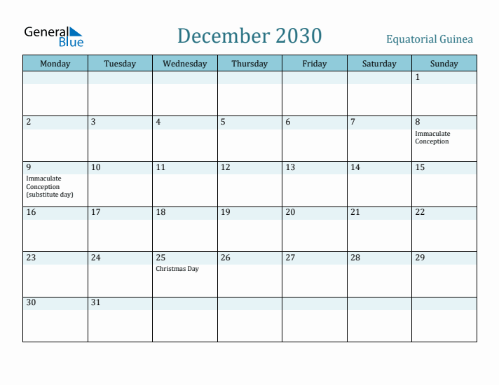 December 2030 Calendar with Holidays