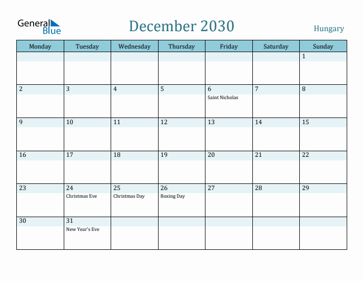 December 2030 Calendar with Holidays