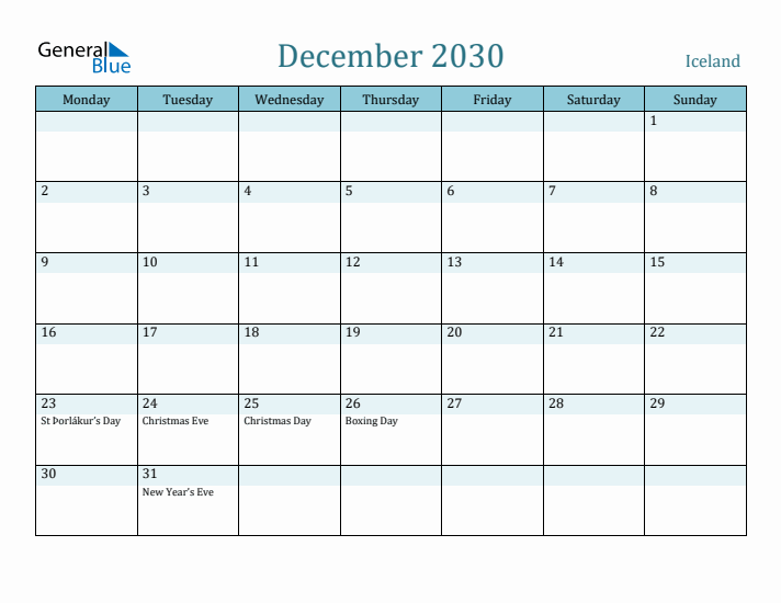 December 2030 Calendar with Holidays