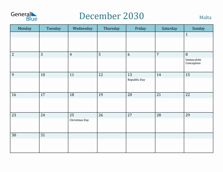 December 2030 Calendar with Holidays