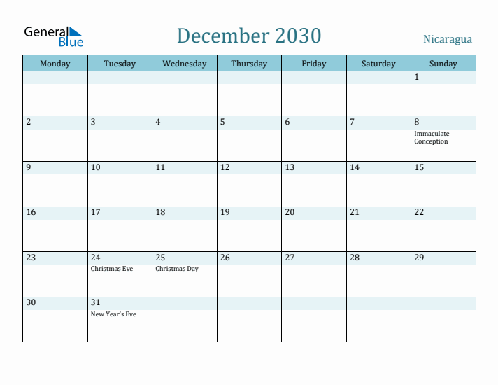 December 2030 Calendar with Holidays