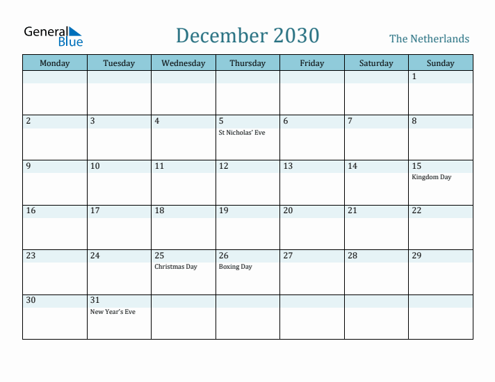 December 2030 Calendar with Holidays